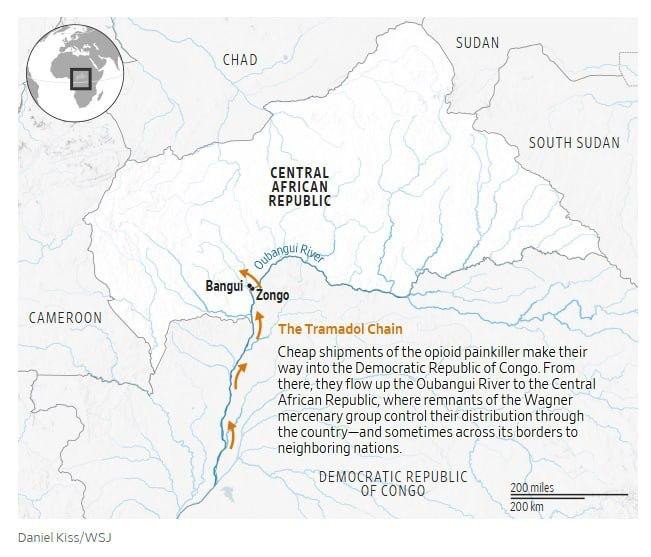 Map showing the reported tramadol smuggling route from the Republic of the Congo into the Central African Republic, where The Wall Street Journal says Wagner-linked networks control distribution. (Source: WSJ/Daniel Kiss) Map showing the reported tramadol smuggling route from the Republic of the Congo into the Central African Republic, where The Wall Street Journal says Wagner-linked networks control distribution. (Source: WSJ/Daniel Kiss)