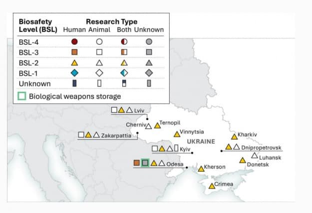 Map published by the US Office of the Director of National Intelligence showing locations of biological research facilities in Ukraine cited in declassified documents released on June 12, 2026. (Source: ODNI) Map published by the US Office of the Director of National Intelligence showing locations of biological research facilities in Ukraine cited in declassified documents released on June 12, 2026. (Source: ODNI)