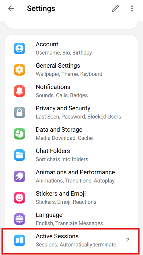 Telegram’s Active Sessions settings, showing devices currently logged into the account. Telegram’s Active Sessions settings, showing devices currently logged into the account.