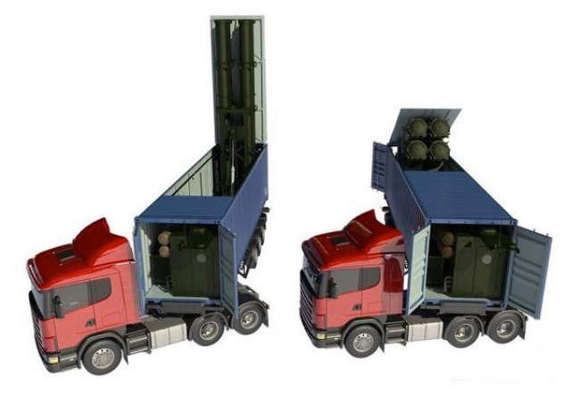 Mobile version of Club-K mounted on a truck, enabling covert missile launches from civilian-looking vehicles. (Source: Russian media) Mobile version of Club-K mounted on a truck, enabling covert missile launches from civilian-looking vehicles. (Source: Russian media)