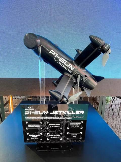 A close-up of the P1-SUN Jetkiller interceptor drone with its technical specifications on display at the Farnborough International Airshow. (Source: Andrii Smolii) A close-up of the P1-SUN Jetkiller interceptor drone with its technical specifications on display at the Farnborough International Airshow. (Source: Andrii Smolii)