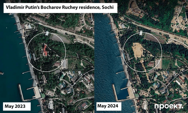 Satellite imagery comparison of Vladimir Putin’s Bocharov Ruchei residence in Sochi shows destruction of the main building between May 2023 and May 2024. (Source: Proyekt) Satellite imagery comparison of Vladimir Putin’s Bocharov Ruchei residence in Sochi shows destruction of the main building between May 2023 and May 2024. (Source: Proyekt)
